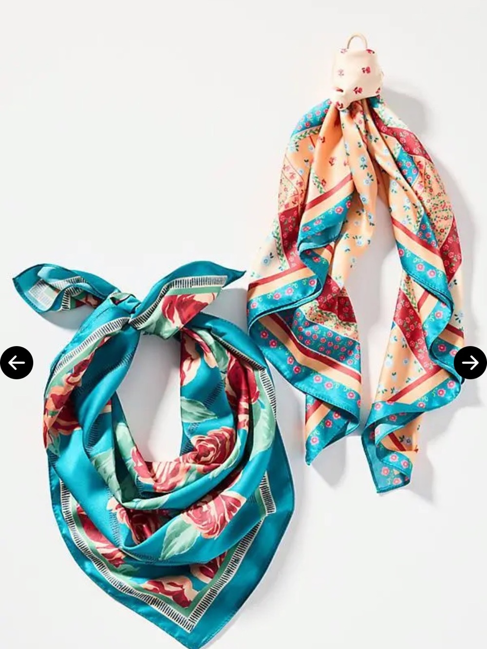 Anthropologie Floral Striped Silk-Feel Scarves Teal Orange NWOT